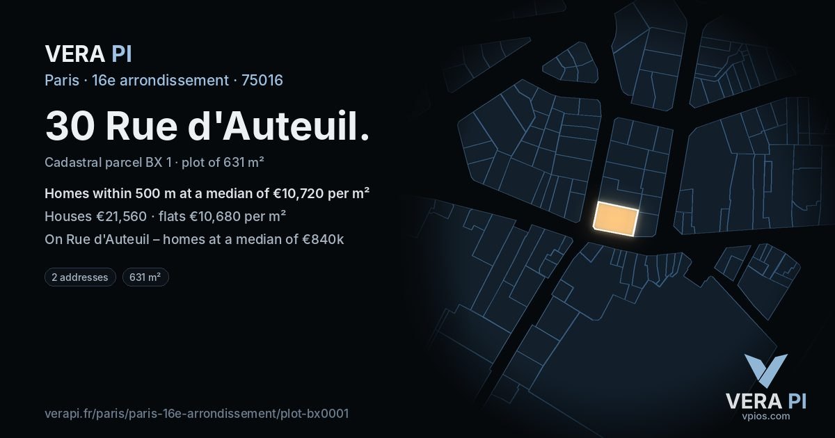 30 Rue d'Auteuil, 16e arrondissement at night – the plot lit, the parcels around coloured by the prices near them