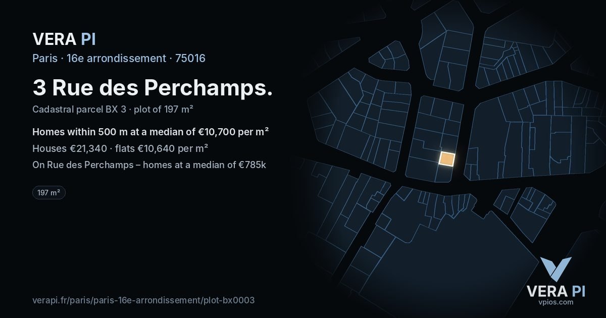 3 Rue des Perchamps, 16e arrondissement at night – the plot lit, the parcels around coloured by the prices near them