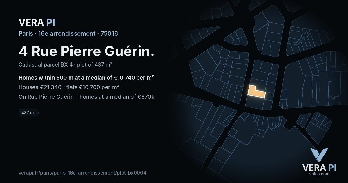 4 Rue Pierre Guérin, 16e arrondissement at night – the plot lit, the parcels around coloured by the prices near them
