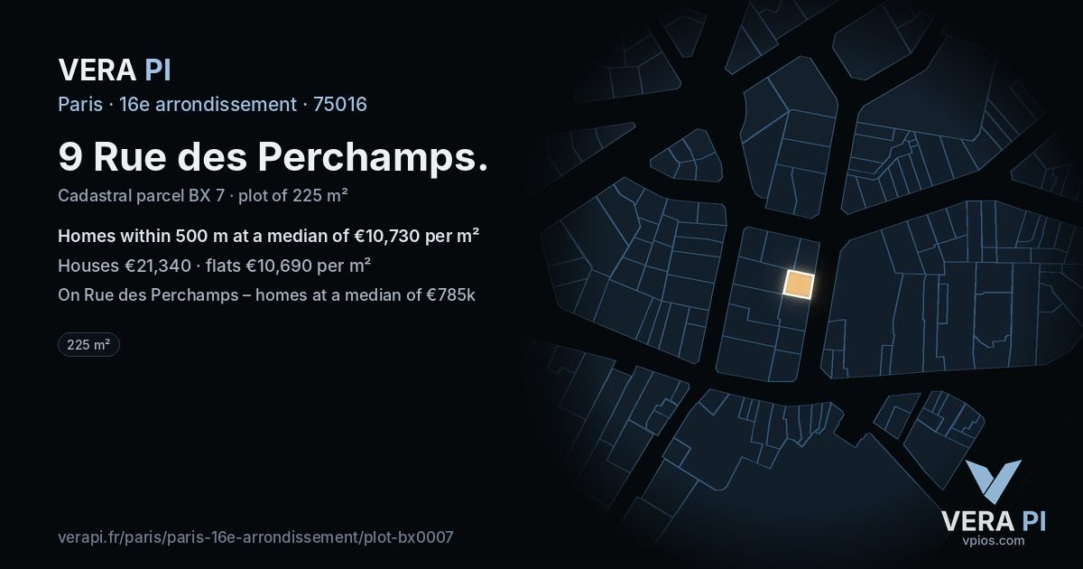 9 Rue des Perchamps, 16e arrondissement at night – the plot lit, the parcels around coloured by the prices near them