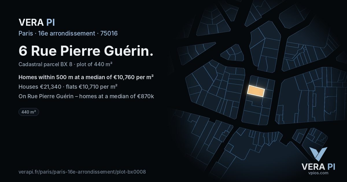 6 Rue Pierre Guérin, 16e arrondissement at night – the plot lit, the parcels around coloured by the prices near them