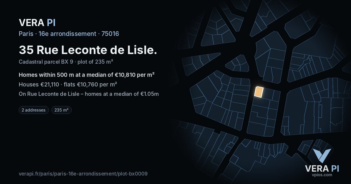 35 Rue Leconte de Lisle, 16e arrondissement at night – the plot lit, the parcels around coloured by the prices near them