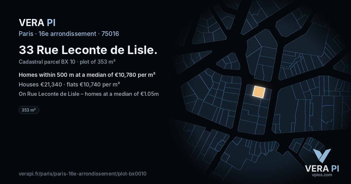 33 Rue Leconte de Lisle, 16e arrondissement at night – the plot lit, the parcels around coloured by the prices near them