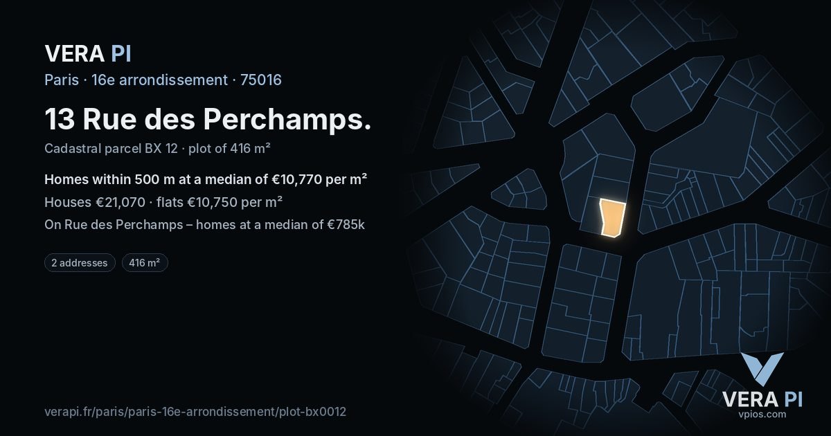 13 Rue des Perchamps, 16e arrondissement at night – the plot lit, the parcels around coloured by the prices near them