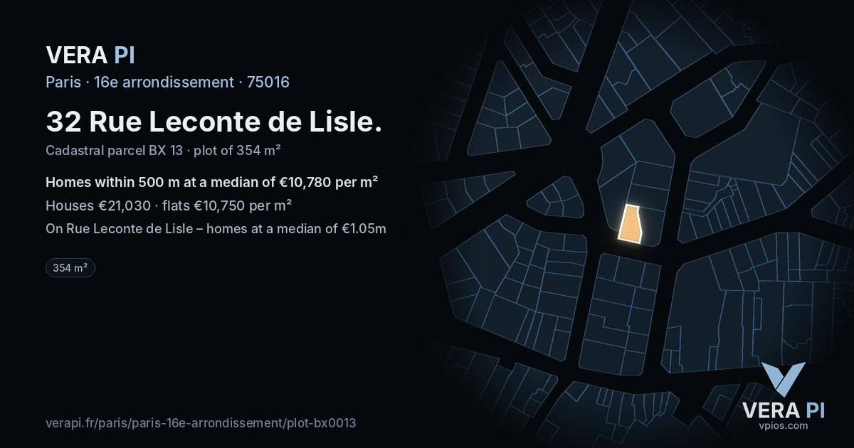 32 Rue Leconte de Lisle, 16e arrondissement at night – the plot lit, the parcels around coloured by the prices near them