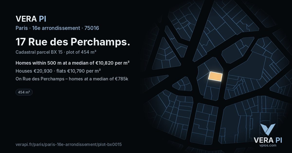 17 Rue des Perchamps, 16e arrondissement at night – the plot lit, the parcels around coloured by the prices near them