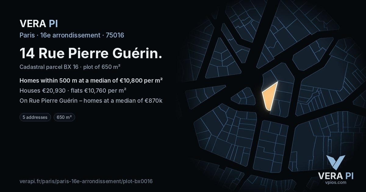 14 Rue Pierre Guérin, 16e arrondissement at night – the plot lit, the parcels around coloured by the prices near them
