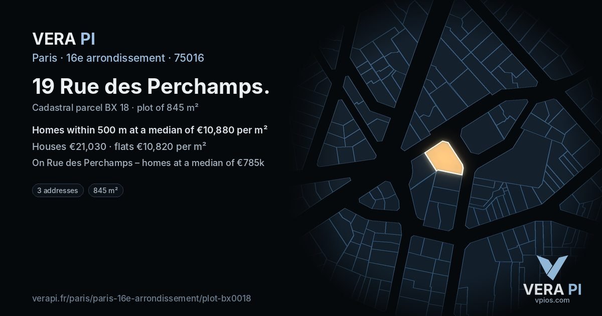 19 Rue des Perchamps, 16e arrondissement at night – the plot lit, the parcels around coloured by the prices near them