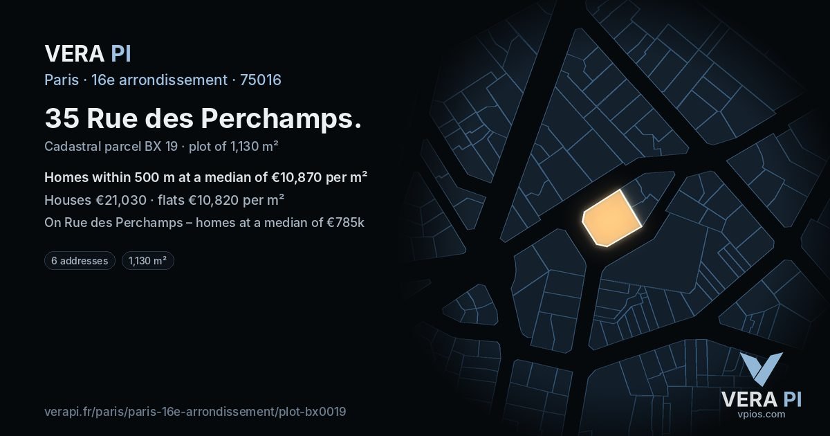 35 Rue des Perchamps, 16e arrondissement at night – the plot lit, the parcels around coloured by the prices near them