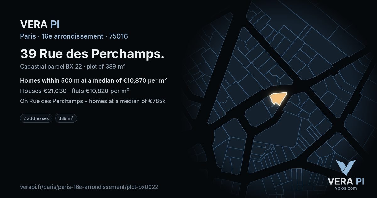 39 Rue des Perchamps, 16e arrondissement at night – the plot lit, the parcels around coloured by the prices near them