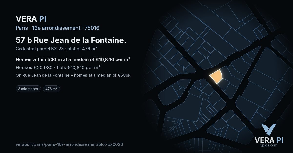 57 b Rue Jean de la Fontaine, 16e arrondissement at night – the plot lit, the parcels around coloured by the prices near them