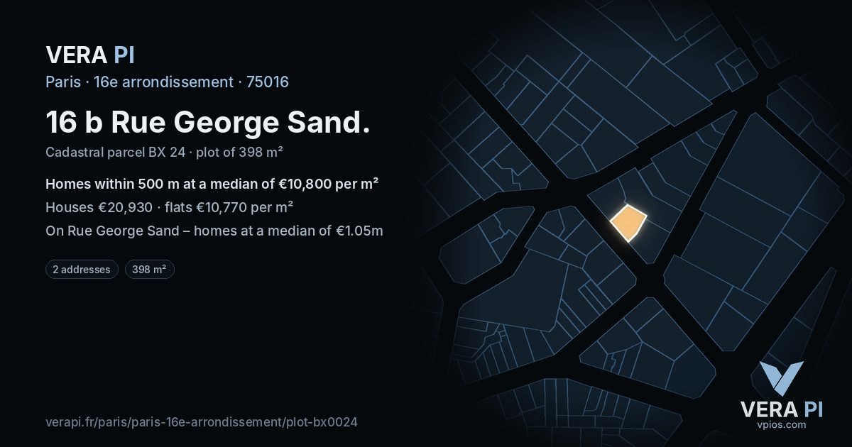 16 b Rue George Sand, 16e arrondissement at night – the plot lit, the parcels around coloured by the prices near them