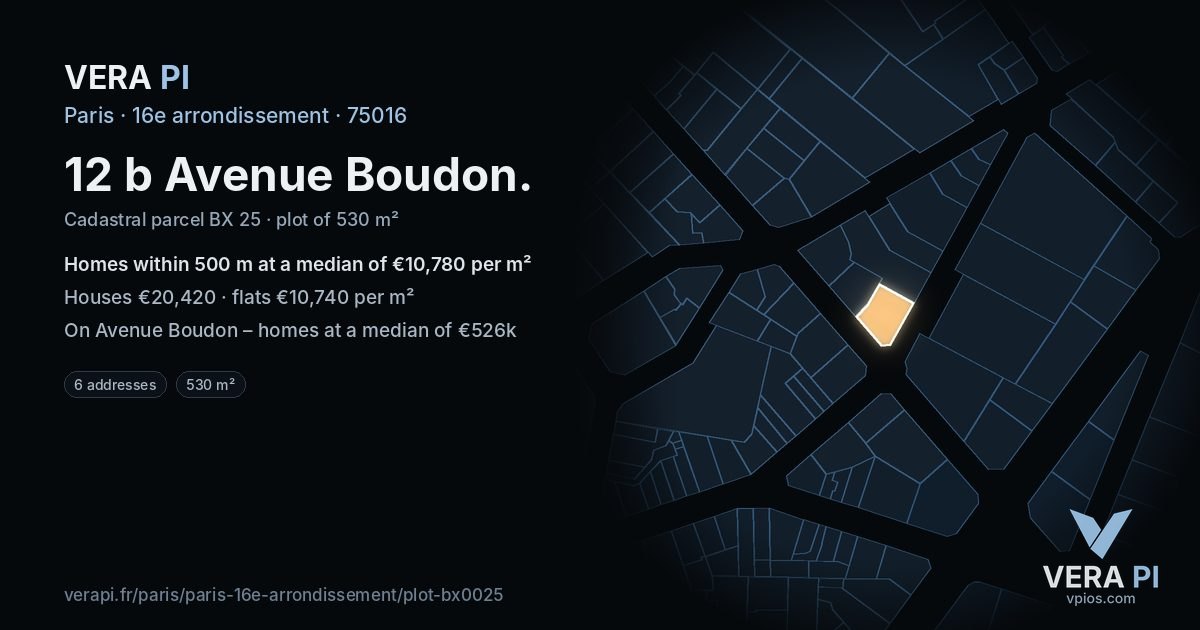 12 b Avenue Boudon, 16e arrondissement at night – the plot lit, the parcels around coloured by the prices near them