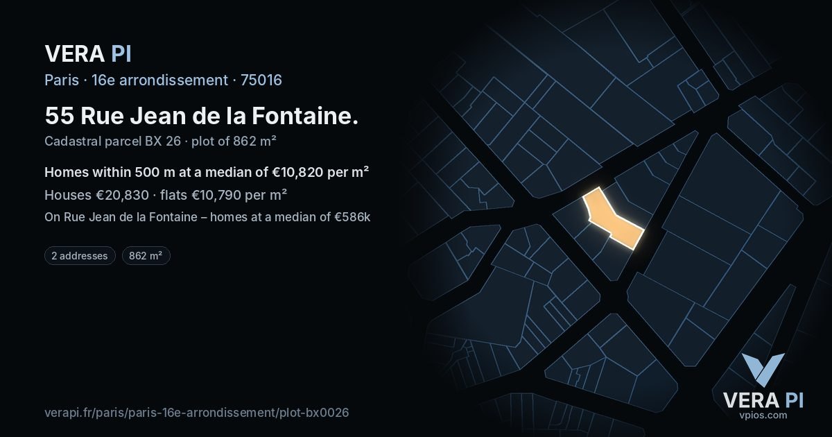 55 Rue Jean de la Fontaine, 16e arrondissement at night – the plot lit, the parcels around coloured by the prices near them