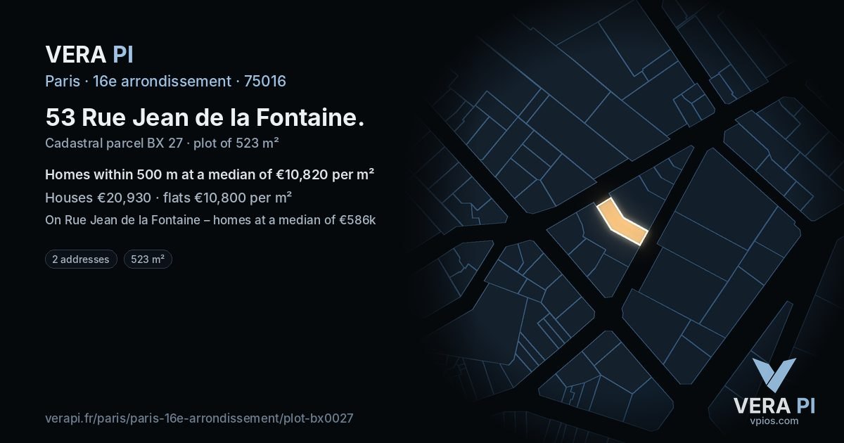 53 Rue Jean de la Fontaine, 16e arrondissement at night – the plot lit, the parcels around coloured by the prices near them