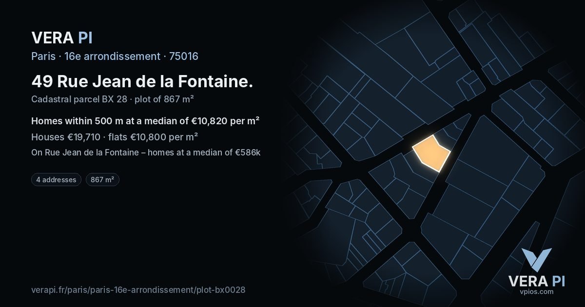 49 Rue Jean de la Fontaine, 16e arrondissement at night – the plot lit, the parcels around coloured by the prices near them