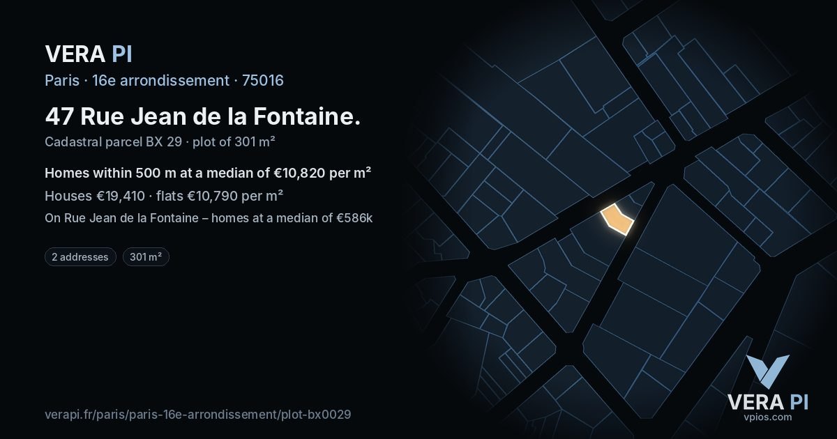 47 Rue Jean de la Fontaine, 16e arrondissement at night – the plot lit, the parcels around coloured by the prices near them