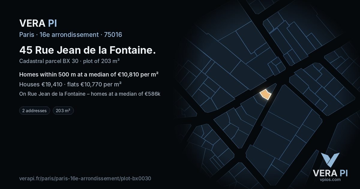 45 Rue Jean de la Fontaine, 16e arrondissement at night – the plot lit, the parcels around coloured by the prices near them