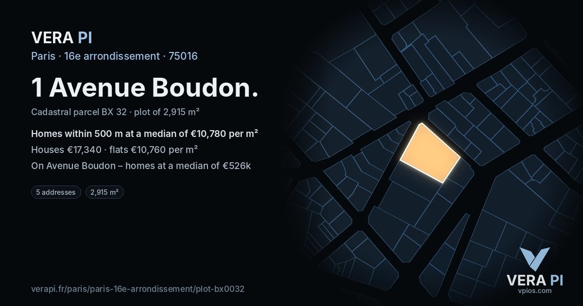1 Avenue Boudon, 16e arrondissement at night – the plot lit, the parcels around coloured by the prices near them