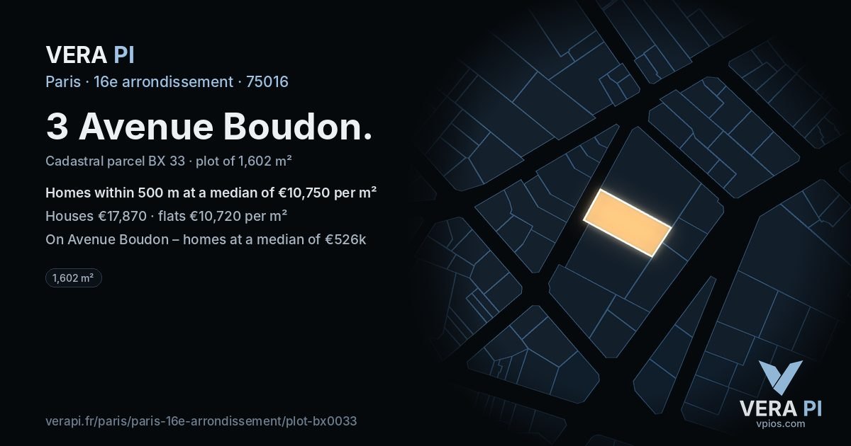 3 Avenue Boudon, 16e arrondissement at night – the plot lit, the parcels around coloured by the prices near them