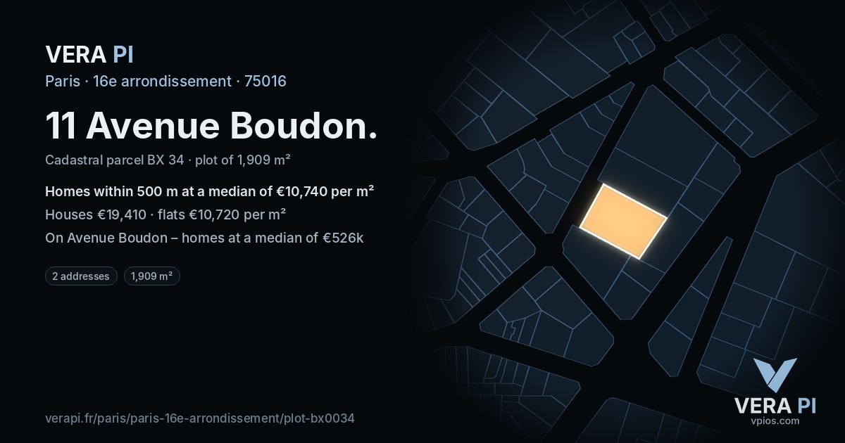 11 Avenue Boudon, 16e arrondissement at night – the plot lit, the parcels around coloured by the prices near them