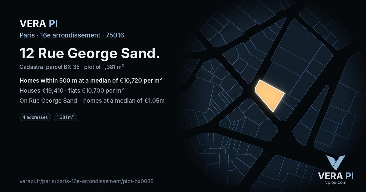 12 Rue George Sand, 16e arrondissement at night – the plot lit, the parcels around coloured by the prices near them