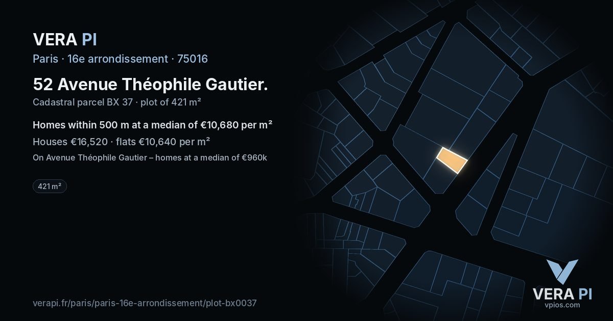 52 Avenue Théophile Gautier, 16e arrondissement at night – the plot lit, the parcels around coloured by the prices near them