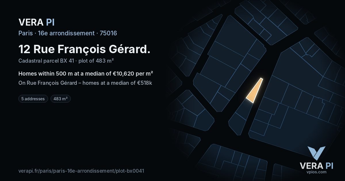 12 Rue François Gérard, 16e arrondissement at night – the plot lit, the parcels around coloured by the prices near them