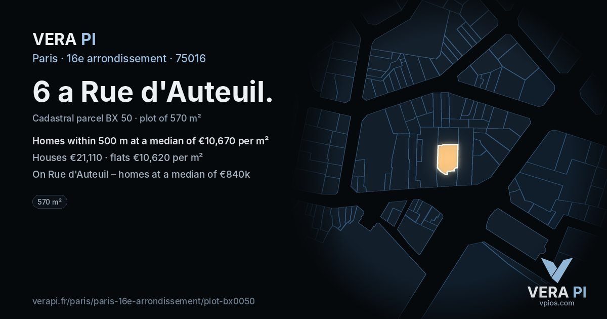 6 a Rue d'Auteuil, 16e arrondissement at night – the plot lit, the parcels around coloured by the prices near them