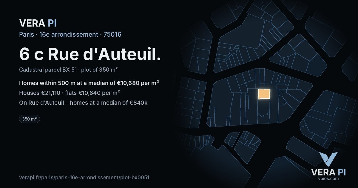 6 c Rue d'Auteuil, 16e arrondissement at night – the plot lit, the parcels around coloured by the prices near them