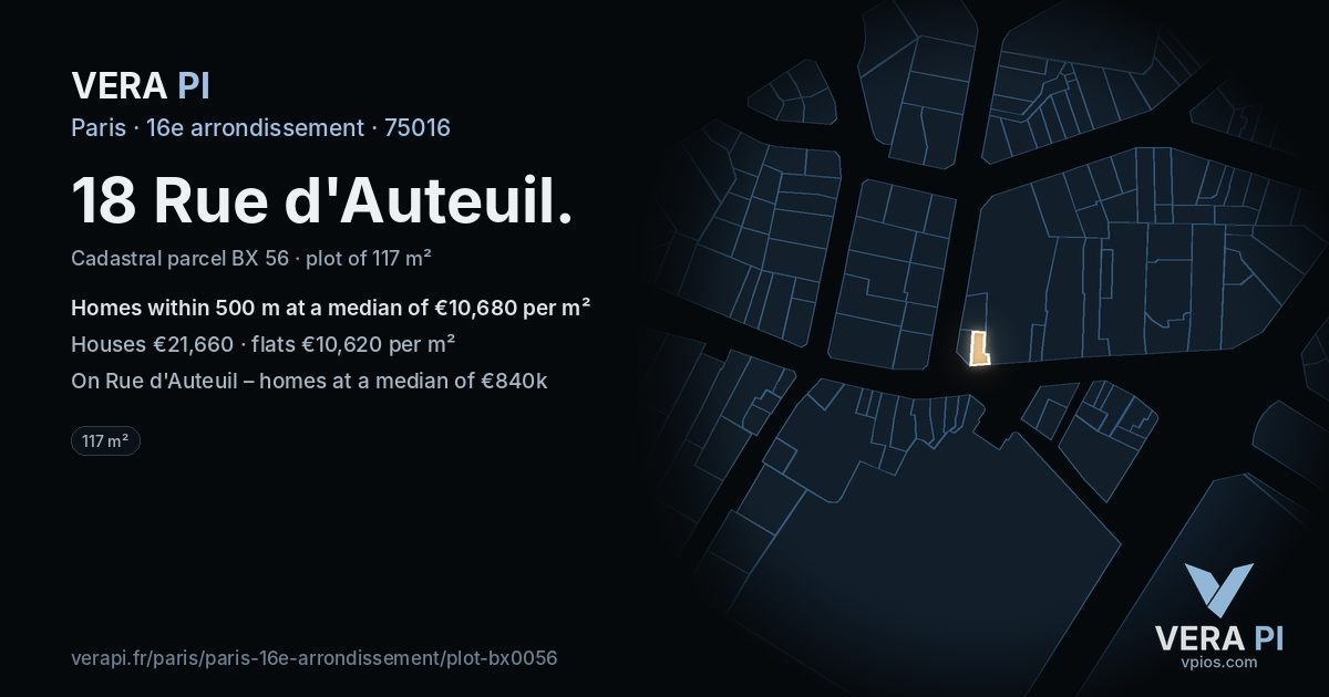 18 Rue d'Auteuil, 16e arrondissement at night – the plot lit, the parcels around coloured by the prices near them