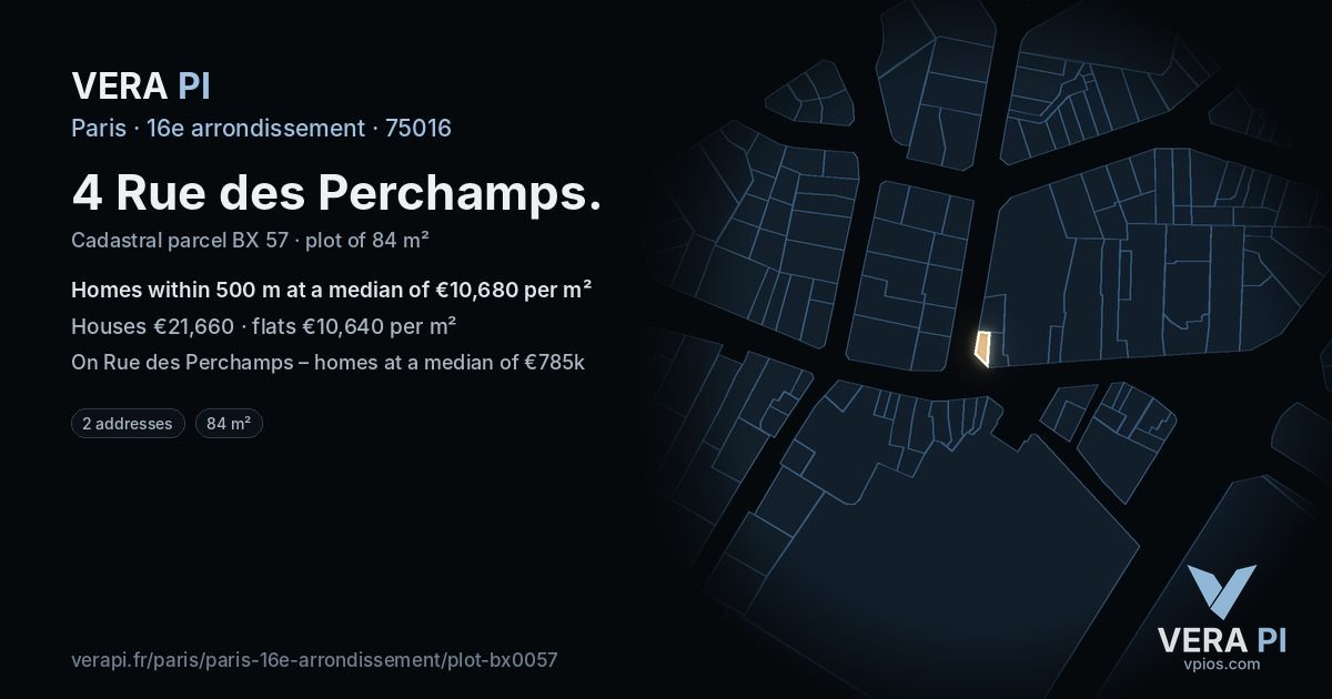 4 Rue des Perchamps, 16e arrondissement at night – the plot lit, the parcels around coloured by the prices near them