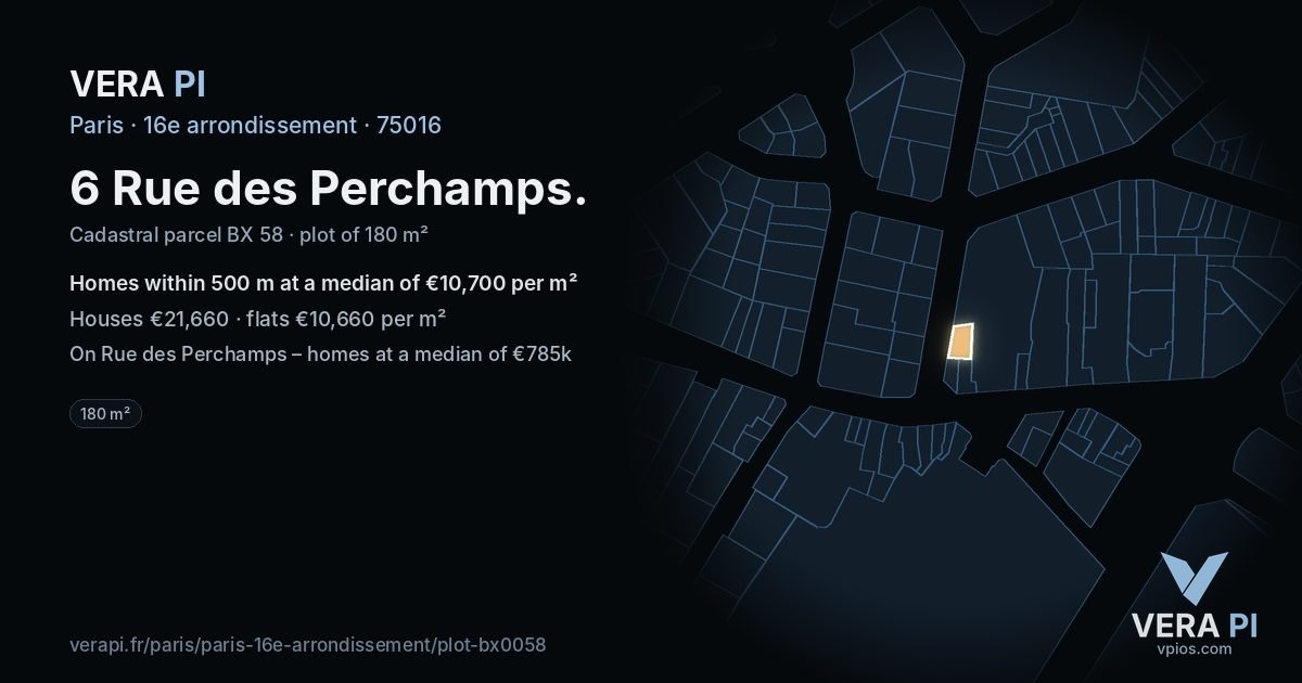 6 Rue des Perchamps, 16e arrondissement at night – the plot lit, the parcels around coloured by the prices near them
