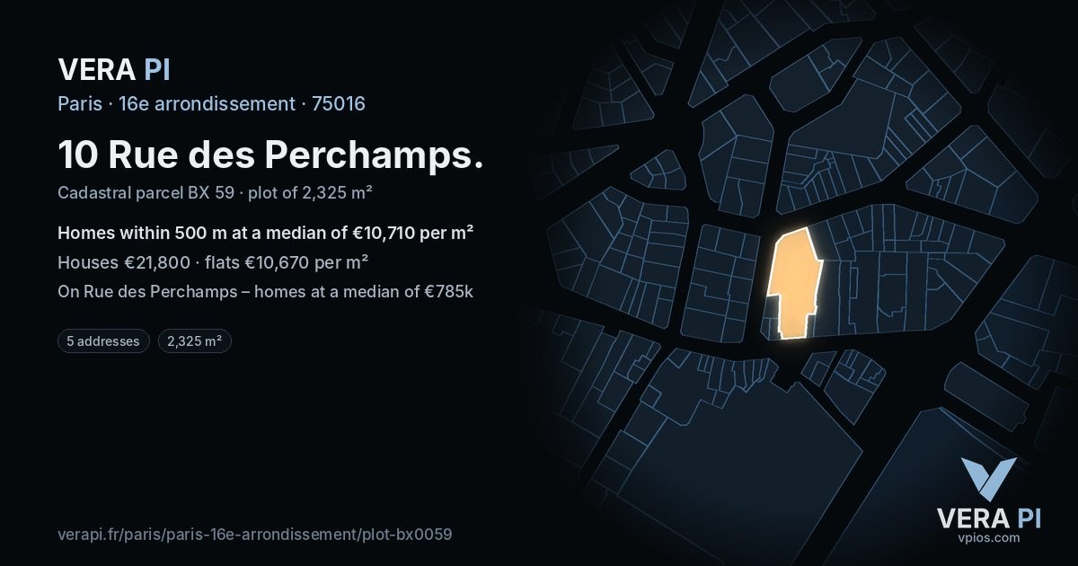 10 Rue des Perchamps, 16e arrondissement at night – the plot lit, the parcels around coloured by the prices near them