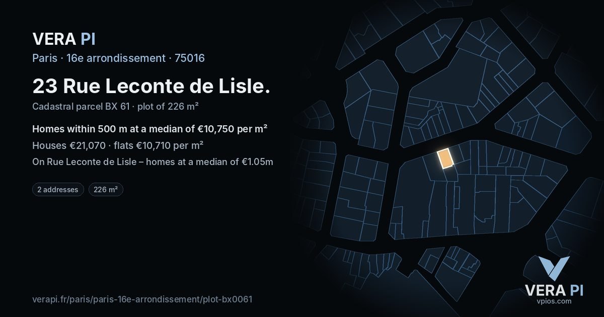 23 Rue Leconte de Lisle, 16e arrondissement at night – the plot lit, the parcels around coloured by the prices near them