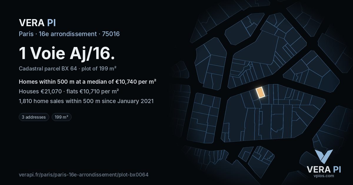1 Voie Aj/16, 16e arrondissement at night – the plot lit, the parcels around coloured by the prices near them