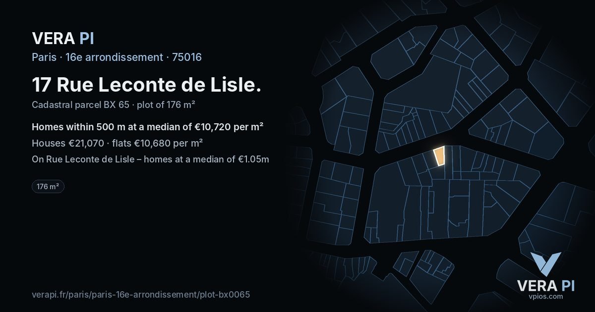 17 Rue Leconte de Lisle, 16e arrondissement at night – the plot lit, the parcels around coloured by the prices near them