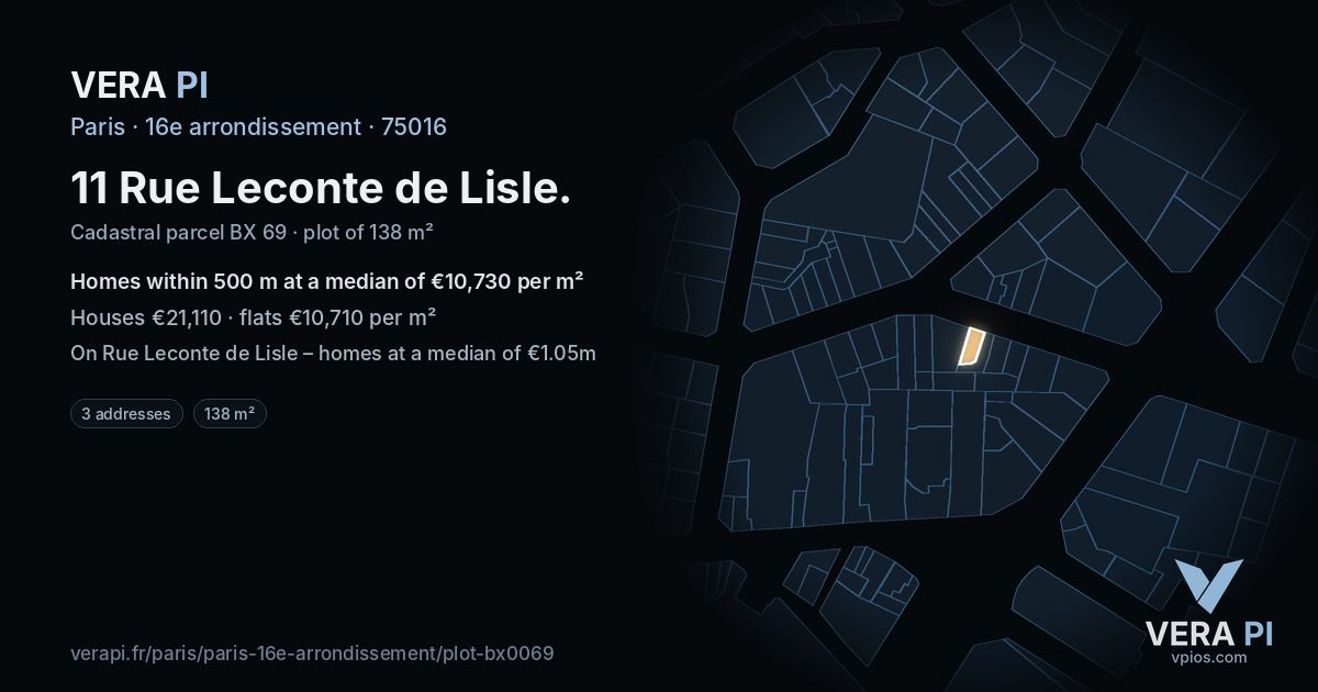 11 Rue Leconte de Lisle, 16e arrondissement at night – the plot lit, the parcels around coloured by the prices near them