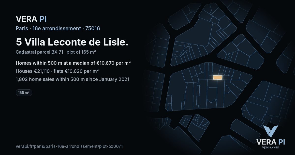 5 Villa Leconte de Lisle, 16e arrondissement at night – the plot lit, the parcels around coloured by the prices near them