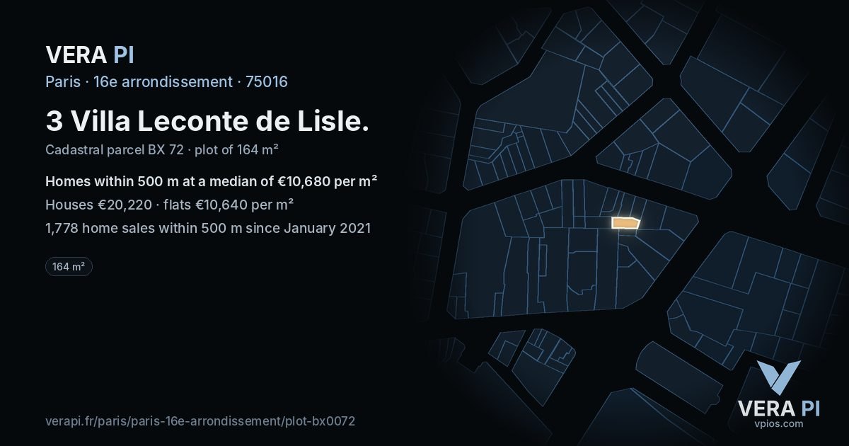 3 Villa Leconte de Lisle, 16e arrondissement at night – the plot lit, the parcels around coloured by the prices near them