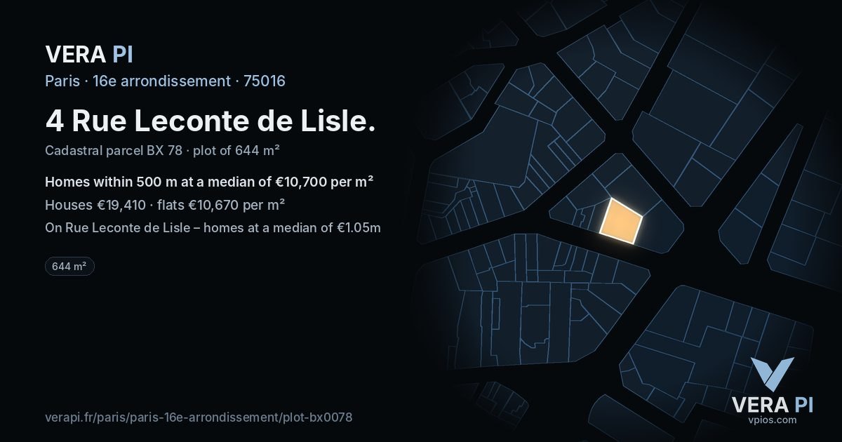 4 Rue Leconte de Lisle, 16e arrondissement at night – the plot lit, the parcels around coloured by the prices near them