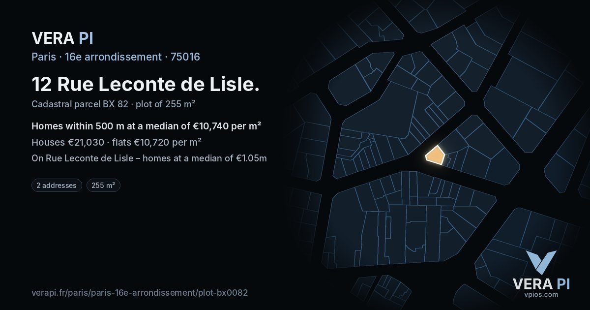 12 Rue Leconte de Lisle, 16e arrondissement at night – the plot lit, the parcels around coloured by the prices near them