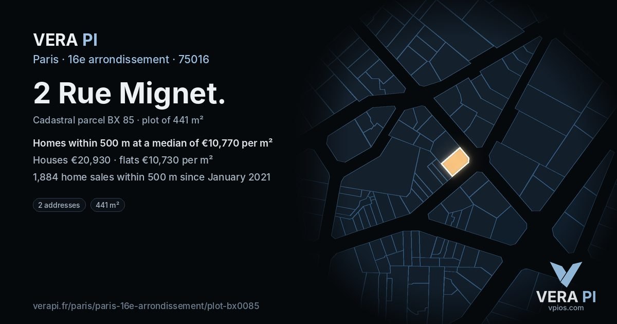 2 Rue Mignet, 16e arrondissement at night – the plot lit, the parcels around coloured by the prices near them