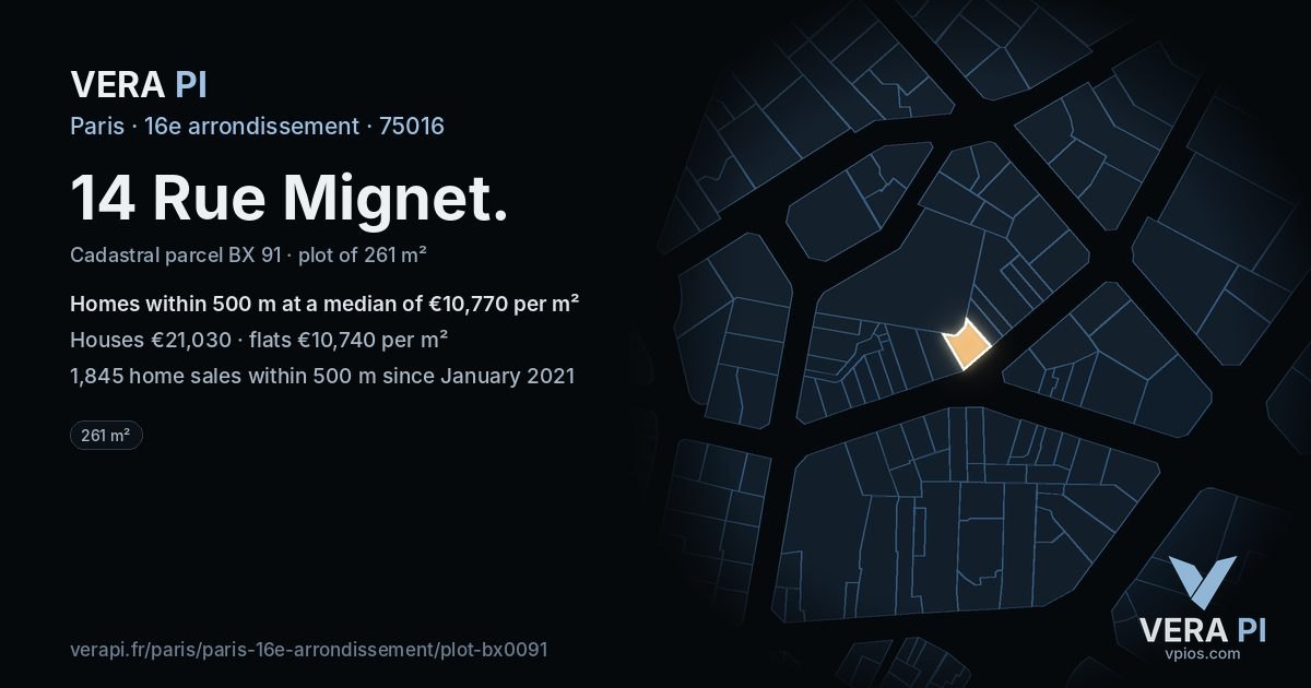 14 Rue Mignet, 16e arrondissement at night – the plot lit, the parcels around coloured by the prices near them