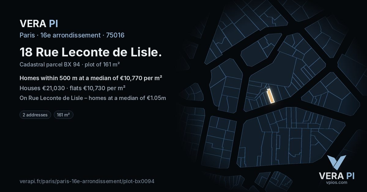 18 Rue Leconte de Lisle, 16e arrondissement at night – the plot lit, the parcels around coloured by the prices near them