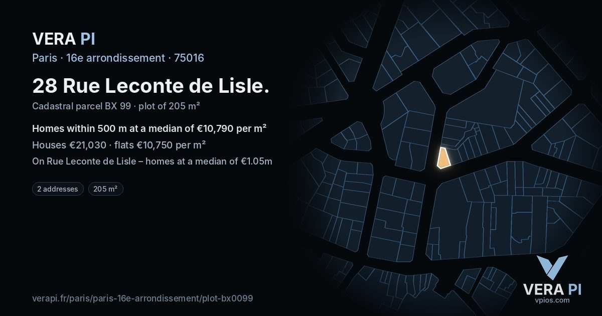 28 Rue Leconte de Lisle, 16e arrondissement at night – the plot lit, the parcels around coloured by the prices near them
