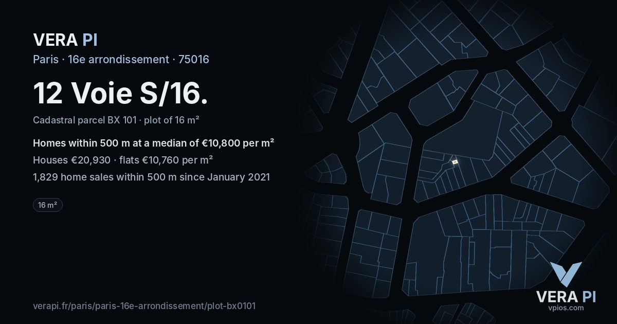 12 Voie S/16, 16e arrondissement at night – the plot lit, the parcels around coloured by the prices near them