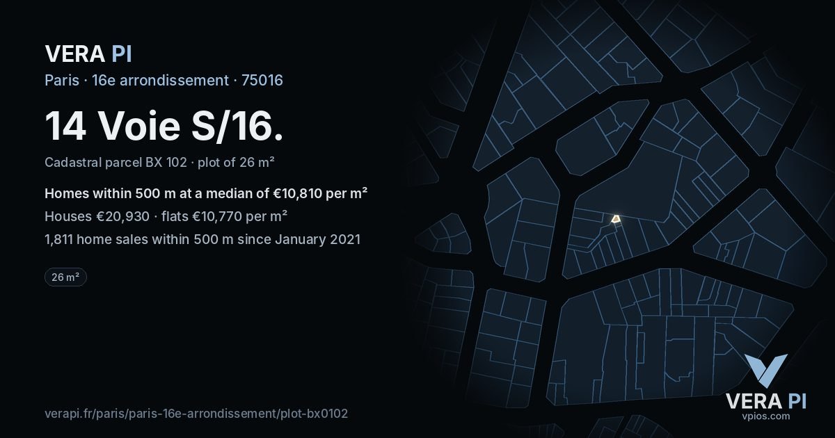 14 Voie S/16, 16e arrondissement at night – the plot lit, the parcels around coloured by the prices near them
