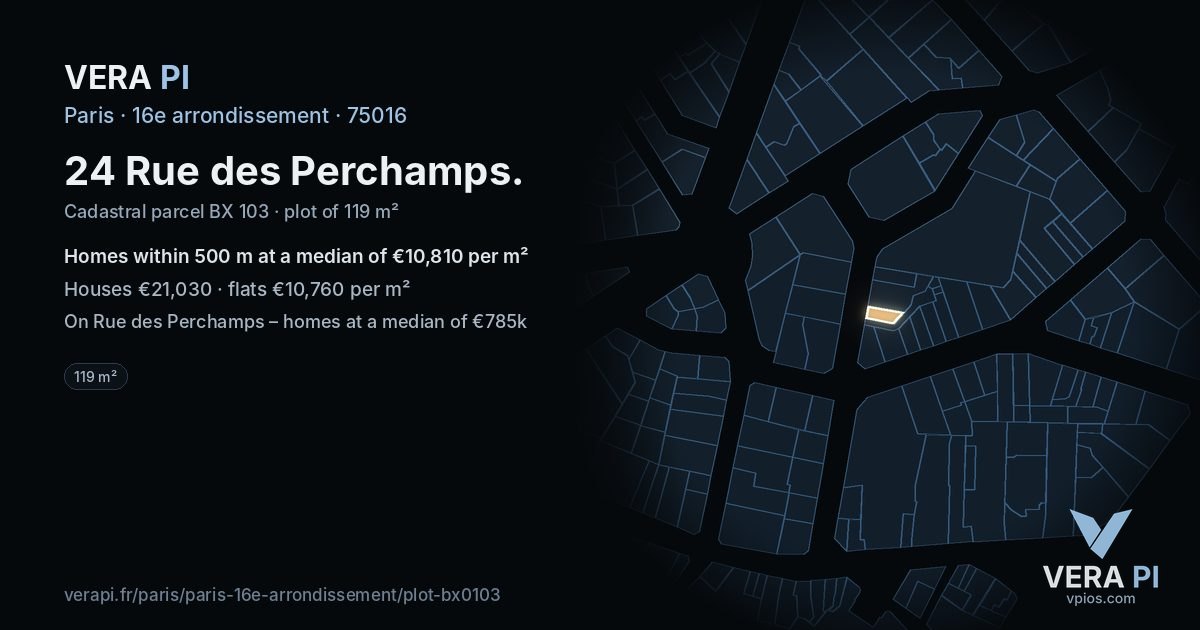 24 Rue des Perchamps, 16e arrondissement at night – the plot lit, the parcels around coloured by the prices near them