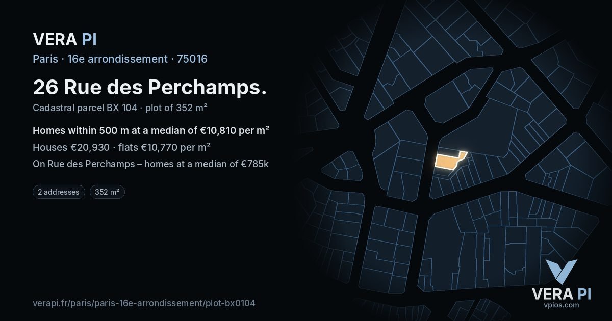 26 Rue des Perchamps, 16e arrondissement at night – the plot lit, the parcels around coloured by the prices near them